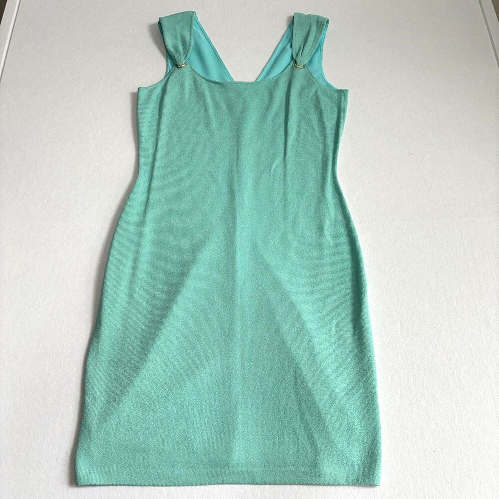St John Wool Knit Sheath Dress Women's 12 Sea Foam Green Turquoise Elegant
